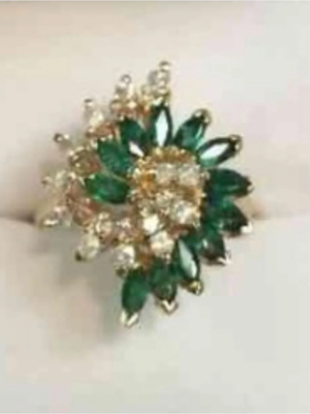 Gold 14k Large Cluster Ring with Emeralds and Diamonds Gorgeous size 8